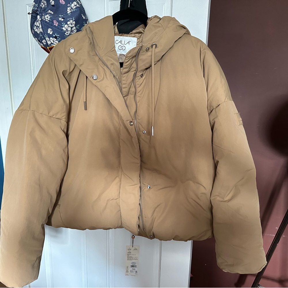 Calia Tan Puffer Jacket with Hood and Zipper rain jacket